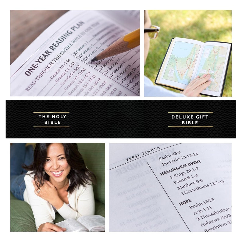 May include: A close-up of a Bible with a black cover and gold lettering. The Bible is open to a page with a verse finder and a list of verses related to healing and hope. The Bible is sitting on a table with a pencil and a map of Israel.
