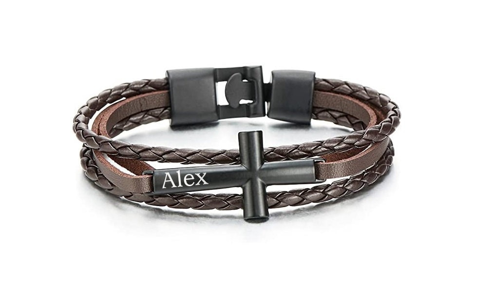 Personalized Name Cross Bracelet, Custom Engraved Leather Bracelet, Men's Jewelry, Birthday/Father's Day/Groomsmen Gifts for Boyfriend/Dad/Him