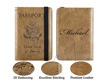 Personalized PASSPORT HOLDER Leather Travel Cover Wallet Vaccination Groomsmen Birthday Gift for Him Dad Men Hi Her Mom Boyfriend Custom