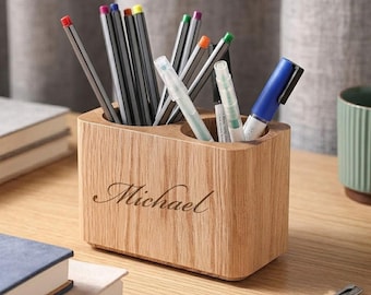 Personalized Oak Desk Organizer Custom Engraved Wooden Pen Holder | Gift for Her Him Men Women Mom Dad Teacher Desk Graduation Makeup Brush