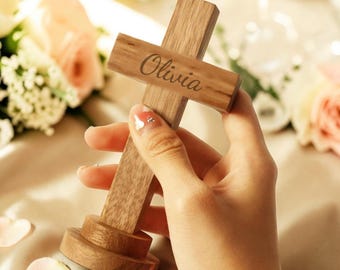 Personalized WOOD CROSS Statue with Stand Art Catholic Christian Gift for Him Her Mom Dad Birthday Baptism Confirmation Home Fathers Day