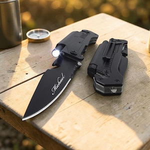 Personalized MULTITOOL POCKET KNIFE for Men Flashlight Groomsmen Birthday Gift for Him Dad Boyfriend Fishing Camping Hunting Custom Engraved