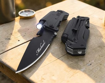 Personalized MULTITOOL POCKET KNIFE for Men Flashlight Groomsmen Birthday Gift for Him Dad Boyfriend Fishing Camping Hunting Custom Mothers