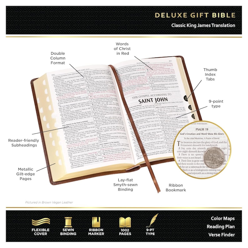 May include: A brown vegan leather Deluxe Gift Bible with a lay-flat Smyth-sewn binding. The Bible features a double column format, reader-friendly subheadings, metallic gilt-edge pages, words of Christ in red, thumb index tabs, a ribbon bookmark, and 9-point type. The Bible has 1002 pages.