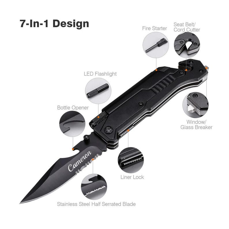 May include: Black multi-tool knife with a stainless steel half serrated blade. Features include a bottle opener, LED flashlight, and window/glass breaker. The blade is engraved with the name "Cameron". The text "7-In-1 Design" is visible.