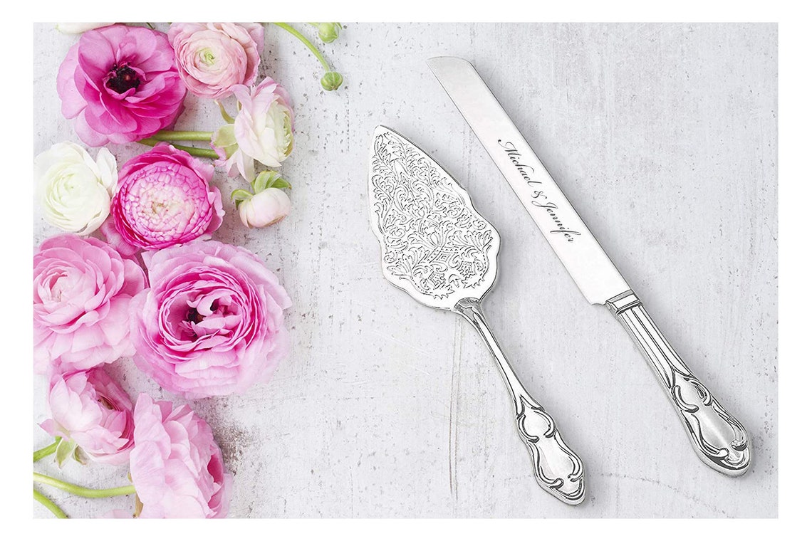 Personalized Wedding CAKE CUTTING SET Silver Cutter Knife Etsy
