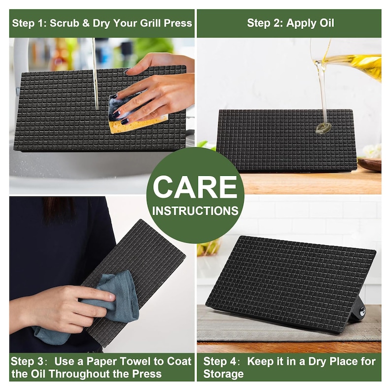 May include: A four-panel image showing grill press care instructions. The steps include scrubbing, drying, applying oil, coating with a paper towel, and storing in a dry place. The grill press is black with a textured surface.