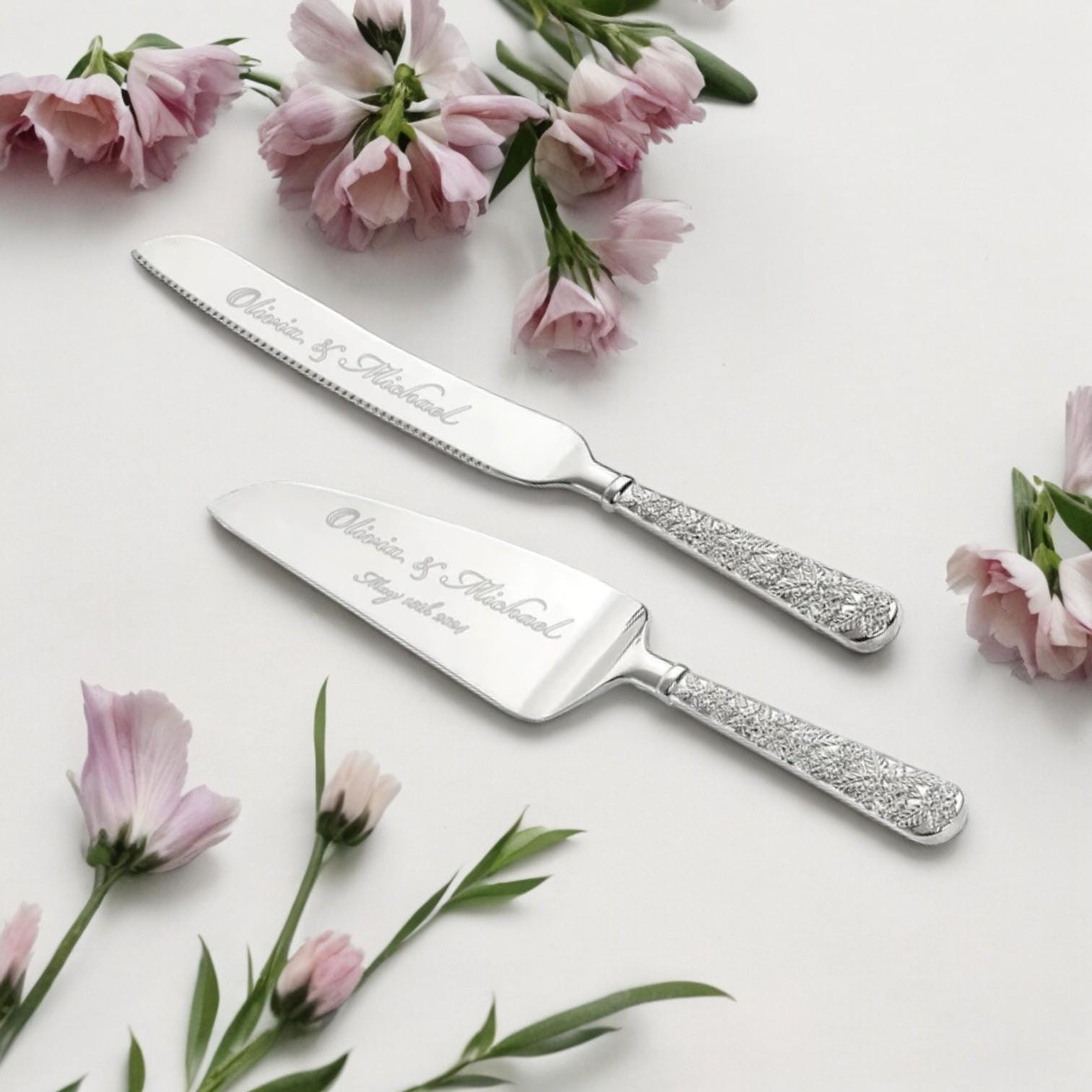 Personalized Wedding CAKE CUTTING SET Gold Silver Serving Cutter Knife Server Minimalist Rustic Vintage Classic Engagement Custom Engraved - Silver