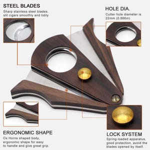 Puede incluir: Un cortapuros con acabado en madera oscura y hojas de acero inoxidable. Cuenta con un orificio de 22 mm de di&aacute;metro, un mecanismo de bloqueo color lat&oacute;n y una forma ergon&oacute;mica. Texto: STEEL BLADES, HOLE DIA., ERGONOMIC SHAPE, LOCK SYSTEM.