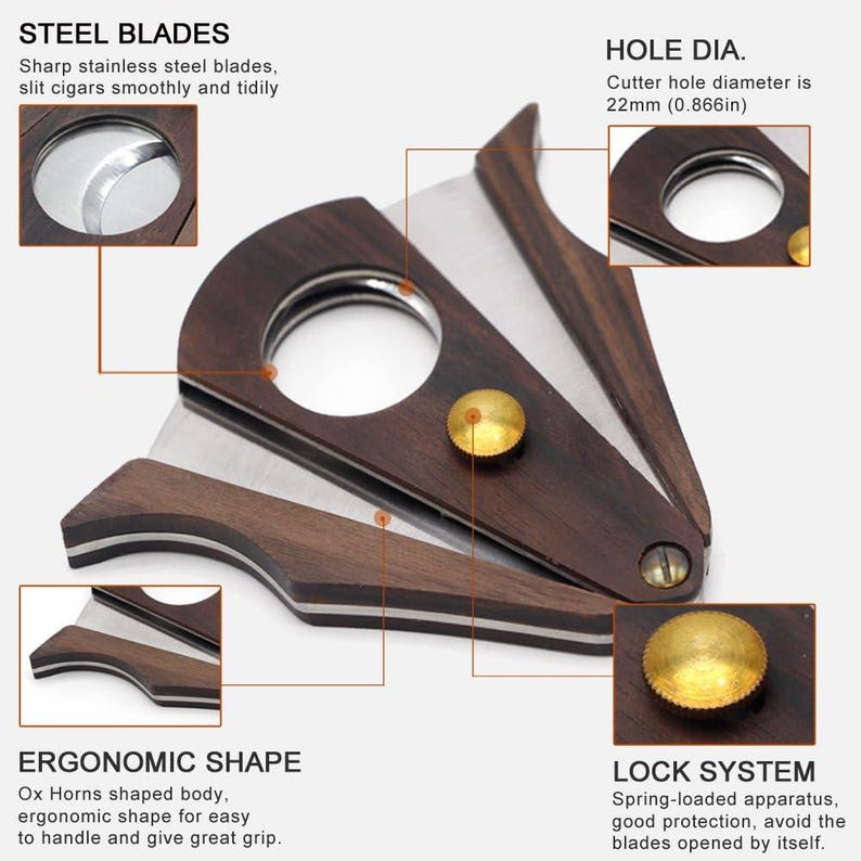 Puede incluir: Un cortapuros con acabado en madera oscura y hojas de acero inoxidable. Cuenta con un orificio de 22 mm de di&aacute;metro, un mecanismo de bloqueo color lat&oacute;n y una forma ergon&oacute;mica. Texto: STEEL BLADES, HOLE DIA., ERGONOMIC SHAPE, LOCK SYSTEM.