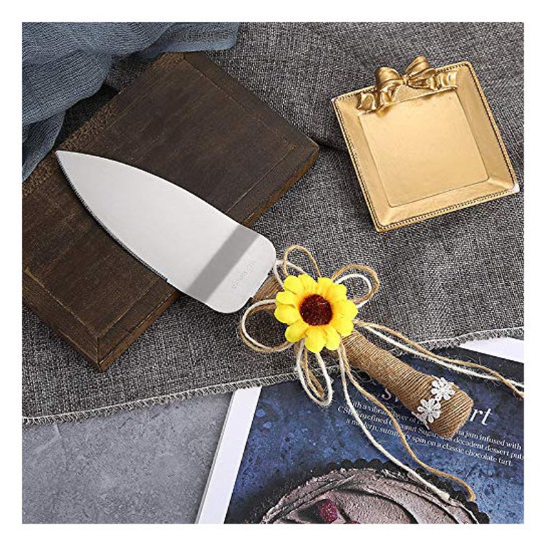 Personalized Wedding CAKE CUTTING SET Sunflower Serving Cutter Knife Server Knive Custom Engraved Minimalist Garden Rustic Boho Traditional image 5