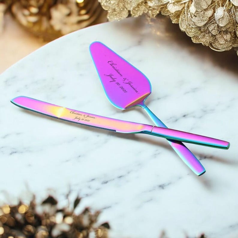 Personalized Wedding CAKE CUTTING SET Rainbow Serving Knive Cutter Server Knife Custom Engraved Minimalist Gifts Modern Rustic Traditional