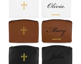 Personalized LEATHER ROSARY POUCH Cross Bag Zipper Rosary Beads Holder Catholic Custom Engraved Gifts for Boyfriend Him Her Men Women Mom