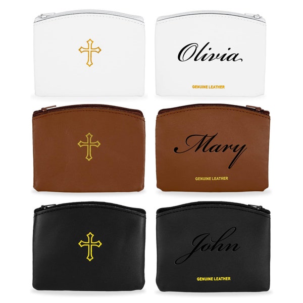 Personalized LEATHER ROSARY POUCH Cross Bag Zipper Rosary Beads Holder Catholic Custom Engraved Gifts for Boyfriend Him Her Men Women Mom