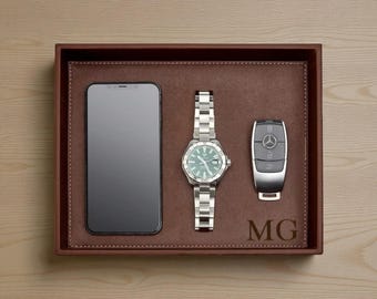Bandeja de cuero personalizada para valet para hombre, organizador de todo tipo de artículos, billetera, reloj, regalo de cumpleaños para padrinos de boda, papá, novio, hijo, grabado personalizado