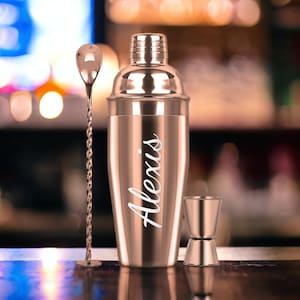 Personalized COCKTAIL SHAKER SET Mixer Drinkware Custom Engraved Bar Bartender Barware Home Kitchen Gift for Dad Her Him Men Mom Women 24oz