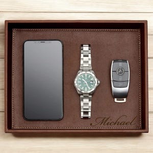 Bandeja de cuero personalizada para guardar llaves, relojes, joyas, regalos para padrinos de boda, papá, hombres, cumpleaños, abuelos, grabado personalizado.