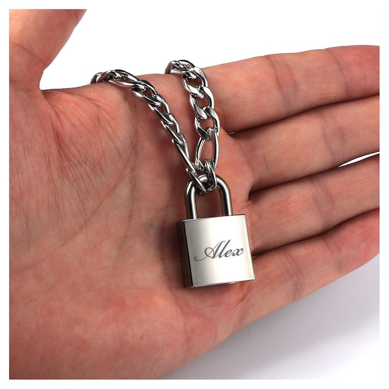 Personalized LOCK NECKLACE Padlock Necklaces Custom Engraved Couples Gifts for Him Dad Men Boyfriend Her Girlfriend Mom Anniversary