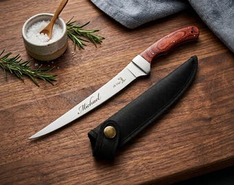 Coltello da filetto personalizzato con fodero, regalo di compleanno per amanti della pesca, per lui, papà, uomini, fidanzato, nonno, caccia, campeggio, incisione personalizzata.