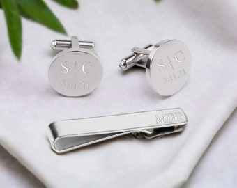 Personalized CUFFLINKS & TIE CLIP Box Set Cuff Links Groom Custom Engraved Groomsmen Gifts for Boyfriend Him Men Dad Men Groomsmen