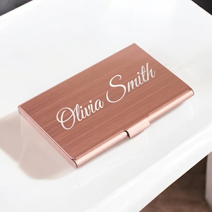 Personalized BUSINESS CARD HOLDER Case Custom Engraved Fathers Day Gift for Her Women Mom Girlfriend Wife Realtor Pink Rose Gold Birthday