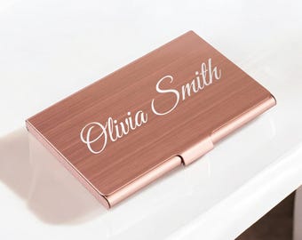 Personalized BUSINESS CARD HOLDER Case Groomsmen Gift for Her Mom Women Mom Girlfriend Wife Realtor Pink Rose Gold Birthday Custom Engraved