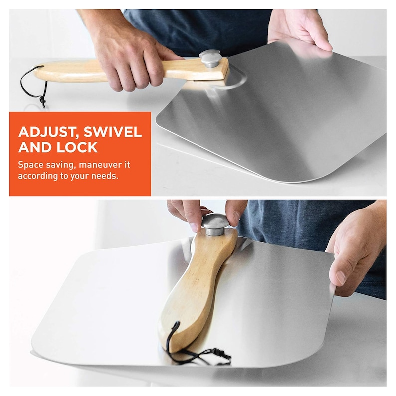 May include: A stainless steel pizza peel with a wooden handle and a metal knob. The handle has a black cord attached. The text "ADJUST, SWIVEL AND LOCK" is in the image, along with the text "Space saving, maneuver it according to your needs."