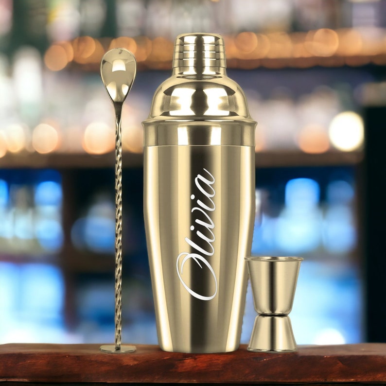 Personalized COCKTAIL SHAKER SET Mixer Drinkware Custom Engraved Bar Bartender Barware Home Kitchen Gifts for Him Her Dad Men Mom Women 24oz image 2