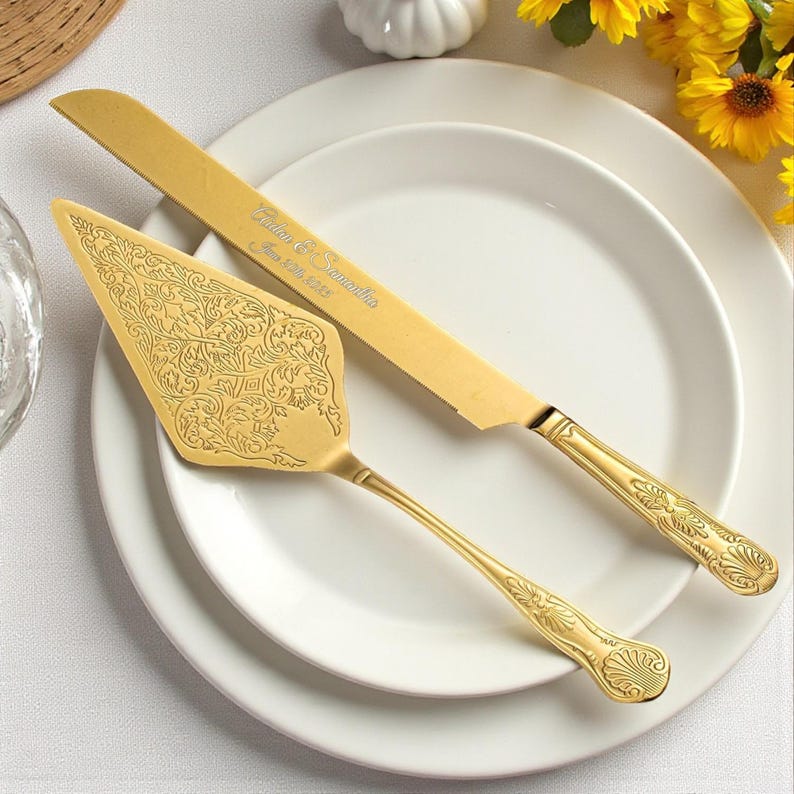 Custom Personalized Wedding CAKE CUTTING SET Gold Silver Cutter Server Knife Anniversary Gift for Her Groom Bride Bridal Shower Engagement