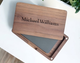 Personalized BUSINESS CARD HOLDER Case Custom Engraved Wood Corporate Office Boss Gifts for Him Dad Boyfriend Men Her Women Mom Corporate