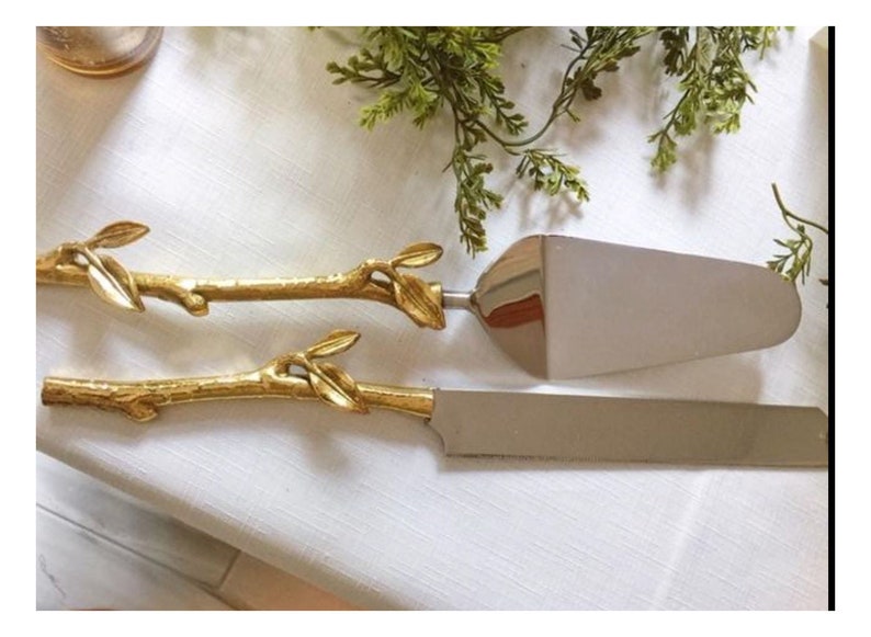 Personalized Wedding CAKE CUTTING SET Gold Leaf Floral Server Cutter Knife Rustic Vintage Minimalist Bridal Gift Birthday Custom Engraved