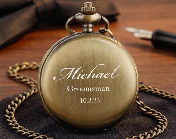 Personalized POCKET WATCH & CHAIN Groomsmen Birthday Gift for Him Dad Men Boyfriend Son Wedding Anniversary Custom Engraved Engraved