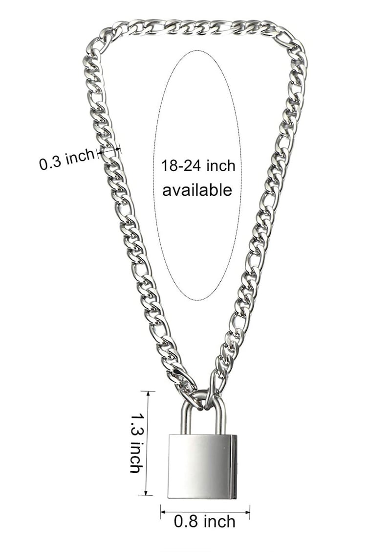May include: Silver chain necklace with a padlock pendant. The chain is 0.3 inches wide and the pendant is 1.3 inches tall and 0.8 inches wide. The necklace is available in lengths from 18 to 24 inches.