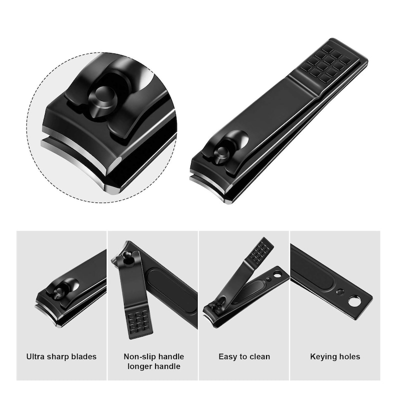 May include: Black nail clippers with a textured, non-slip handle and ultra-sharp blades. The clippers have keying holes for easy storage.