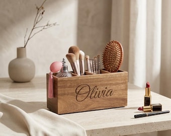 Personalized Acacia Wood Desk Organizer | Custom Engraved Pen Holder | Wooden Office Organizer | Makeup Brush Holder | Teacher & Coworker