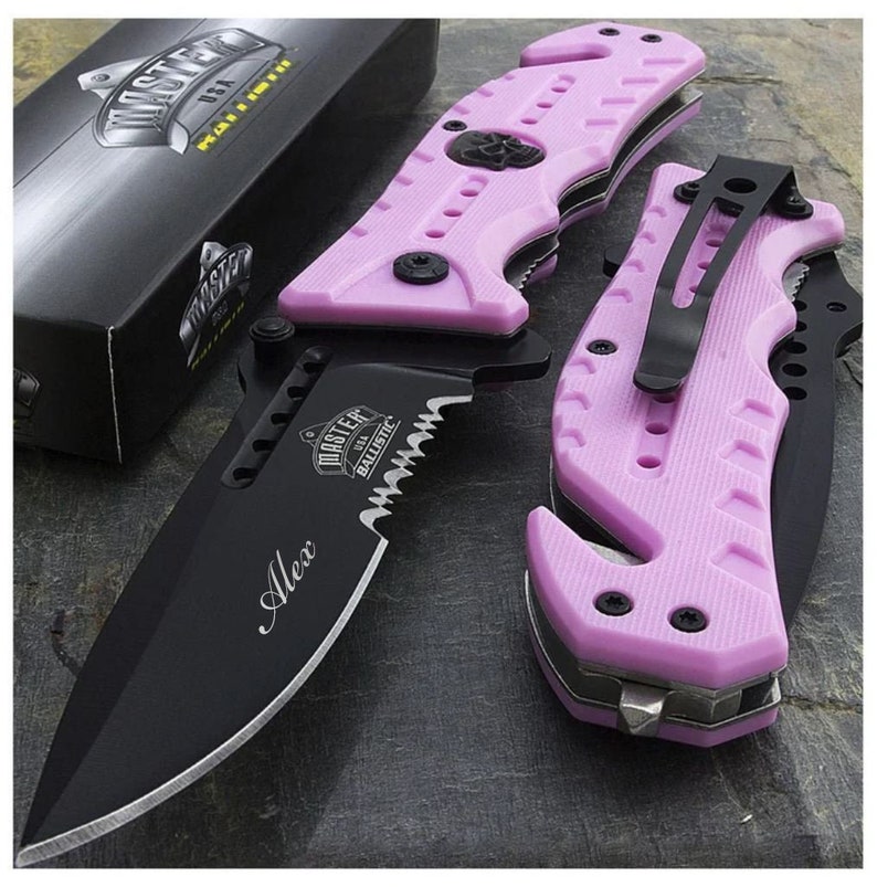 Personalized POCKET KNIFE SKULL Custom Knives Clip Gifts for Her Women Mom Him Men Pink Multitool Window Breaker Seatbelt Cutter Engraved 