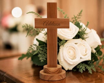 Personalized WOOD CROSS Statue with Stand Art Catholic Christian Gift for Him Her Mom Dad Birthday Baptism Confirmation Home Fathers Day