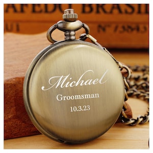 Personalized POCKET WATCH & CHAIN Pocketwatch Groomsmen Gift for Him Dad Men Silver Graduation Wedding Birthday Boyfriend Custom Engraved