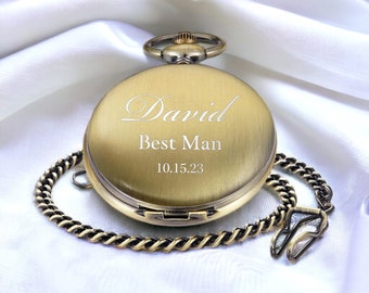 Personalized POCKET WATCH & CHAIN Custom Engraved Pocketwatch Groomsmen Gifts for Dad Him Men Groom Bachelor Wedding Birthday Fathers Day