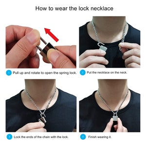 May include: Instructions on how to wear a silver lock necklace. The instructions show how to open the spring lock, put the necklace on the neck, and lock the ends of the chain with the lock.