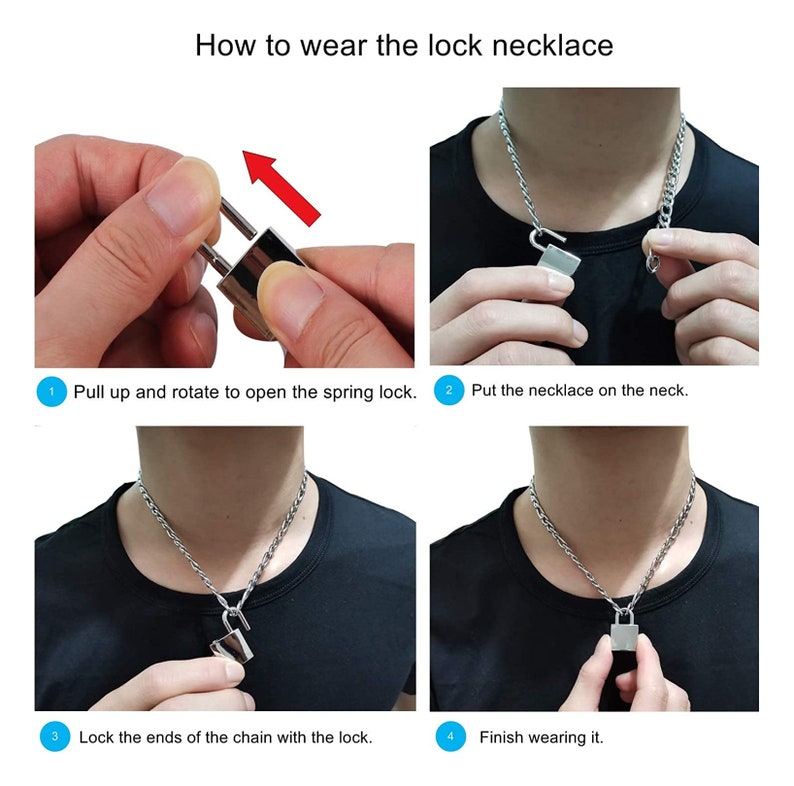 May include: Instructions on how to wear a silver lock necklace. The instructions show how to open the spring lock, put the necklace on the neck, and lock the ends of the chain with the lock.