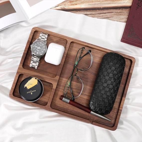 Yeory Houten valet lade met lederen inleg, 12x8 compartiment nachtstandaard organizer voor mannen vrouwen, vangen alle lade voor sleutels, telefoon, portemonnee, valet lade voor mannen