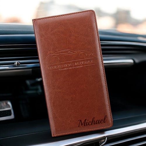 Porte-carte grise et d'assurance auto personnalisé en cuir, accessoire de rangement pour boîte à gants, cadeau pour lui, papa, homme, elle, maman, gravure personnalisée