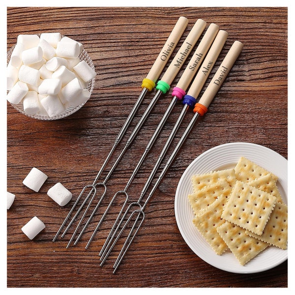 Personalized MARSHMELLOW Roasting Sticks 5 Piece Extendable S'mores Hot Dogs Camping Outdoor Cooking Gifts for Her Him Fire Custom Engraved