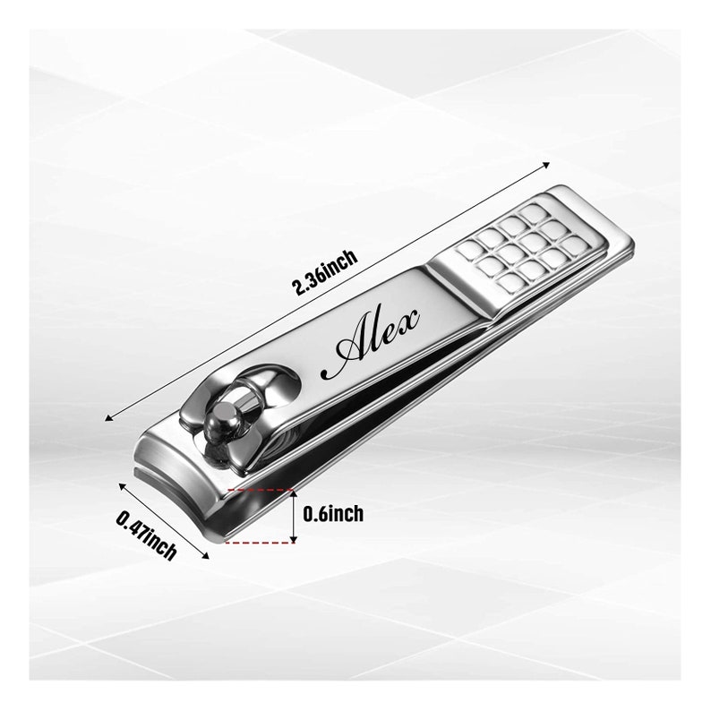 May include: Silver nail clippers with a personalized inscription that reads "Alex". The clippers are 2.36 inches long and 0.47 inches wide.