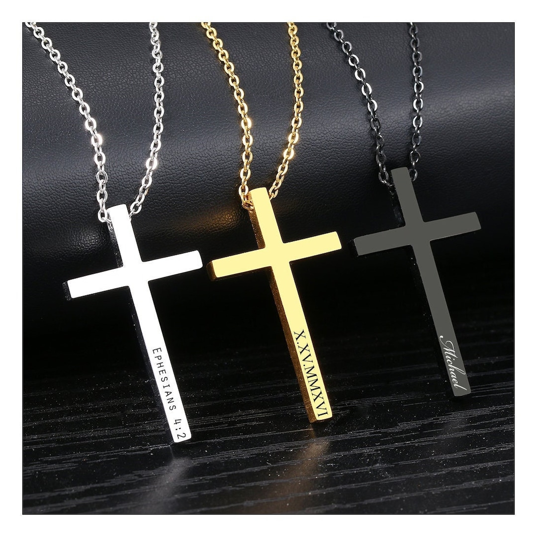 Personalized CROSS NECKLACE Men Women Boys Girls Custom Engraved Silver ...