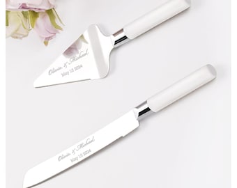 Personalized Wedding CAKE CUTTING SET White Silver Cutter Knife Serving Server Knive Custom Engraved Minimalist Vintage Modern Bride Groom