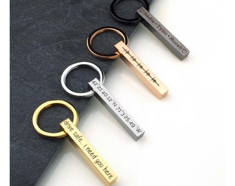 Personalized BAR KEYCHAIN Coordinates Horizontal Rose Pink Gifts for Her Women Girlfriend Engraved Birthday