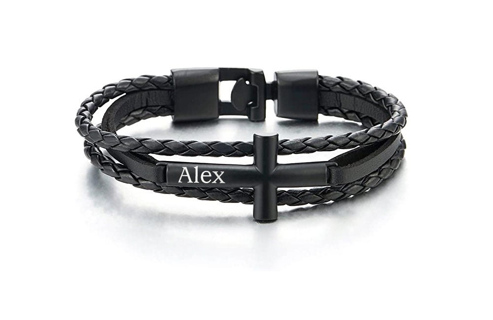 Personalized Name Cross Bracelet, Custom Engraved Leather Bracelet, Men's Jewelry, Birthday/Father's Day/Groomsmen Gifts for Boyfriend/Dad/Him