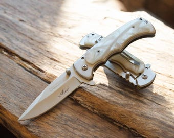Personalized Pearl White POCKET KNIFE 30th Anniversary Wedding Birthday Gift for Him Dad Men Husband Boyfriend Custom Engraved Engraved